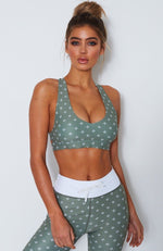 White Jasmine Sports Bra Olive Clover Print