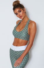 White Jasmine Sports Bra Olive Clover Print