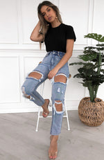 Let's Bounce Distressed Jeans Washed Blue Denim