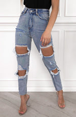 Let's Bounce Distressed Jeans Washed Blue Denim